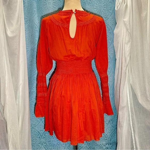 Free People Victorian Waisted Lace Inset and Embroidered Mini Dress Sz S/M - Picture 7 of 10